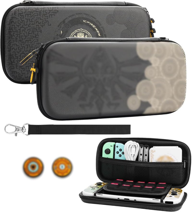 F'DIARY Black Carrying Case for Nintendo Switch and Switch OLED with Zelda Kingdom Design, Shockproof Accessories with Protable Travel Case Bulit-in 10 Game Card Slots, Handle Strap and 2 Thumb Caps - Image 1